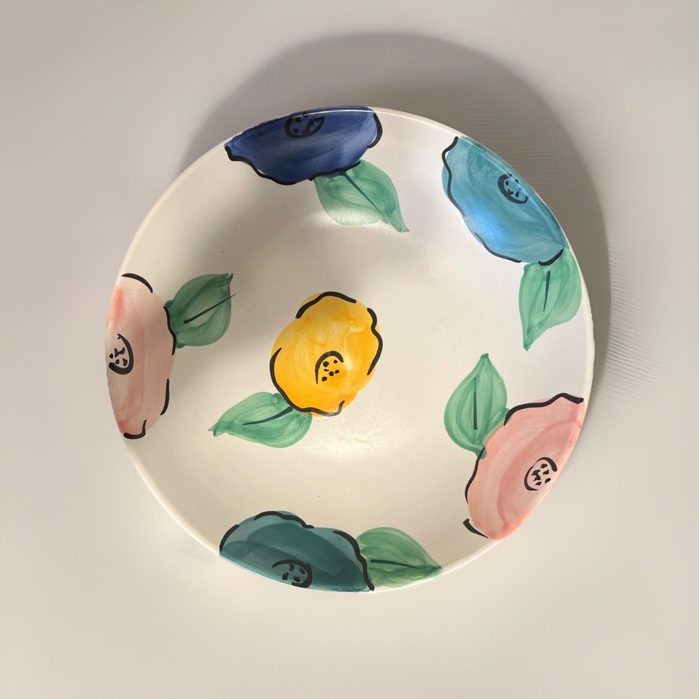 PIER 1‎  FLOWER SERVING BOWL PAINTED STONEWARE DISCONTINUED FLORAL PATTERN 13"
